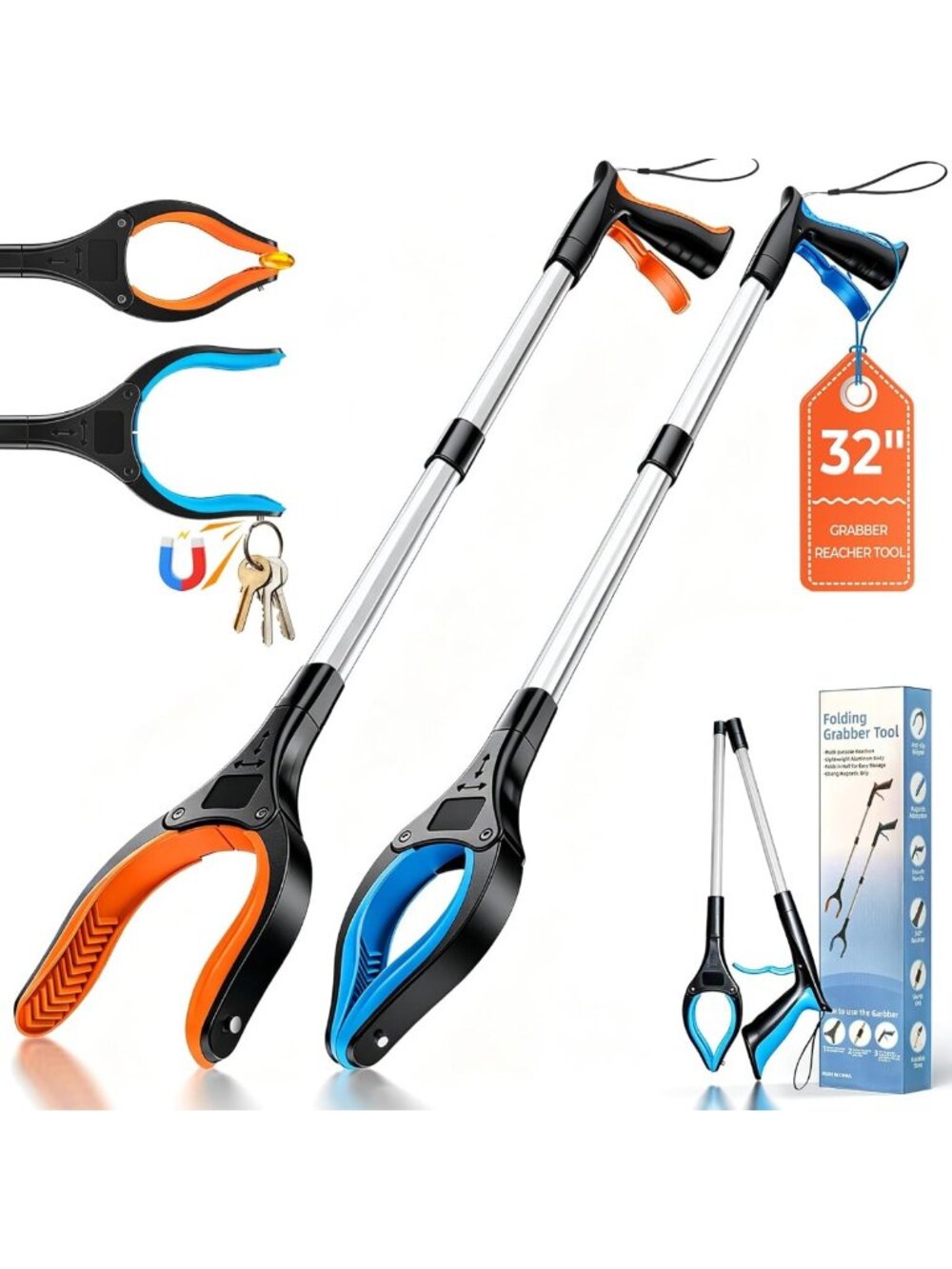 2 Pack 32" Heavy Duty Grabber Reacher Tool - Foldable, 360° Rotating Claw